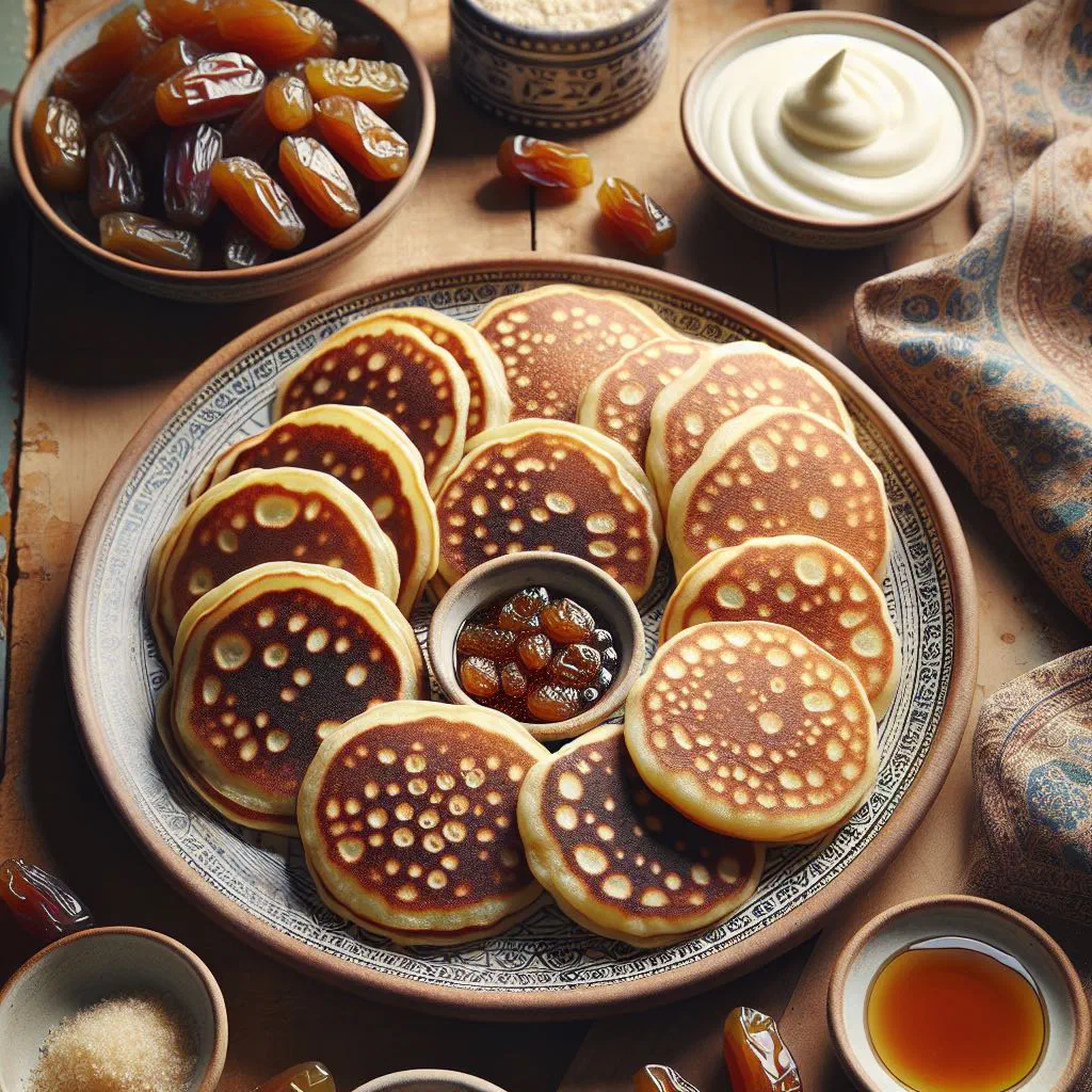 Golden Emirati chebab pancakes drizzled with honey and dusted with sugar