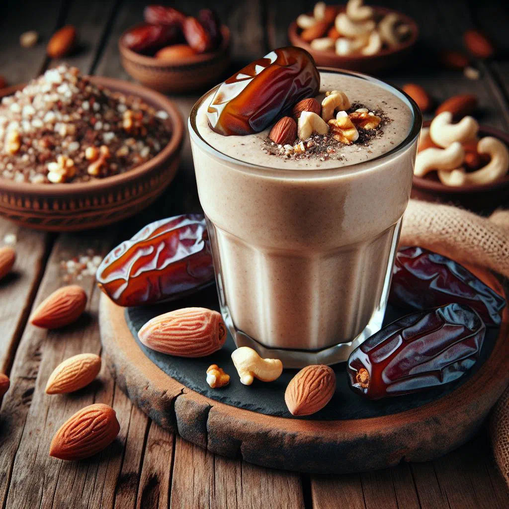 A creamy dates and nuts smoothie in a glass topped with chopped nuts and banana