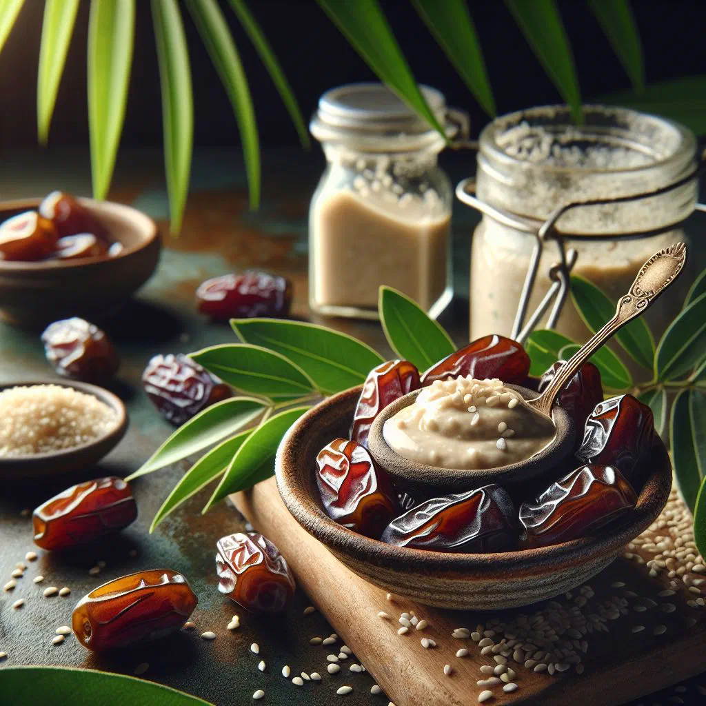 Fresh dates drizzled with creamy tahini and sprinkled with sesame seeds
