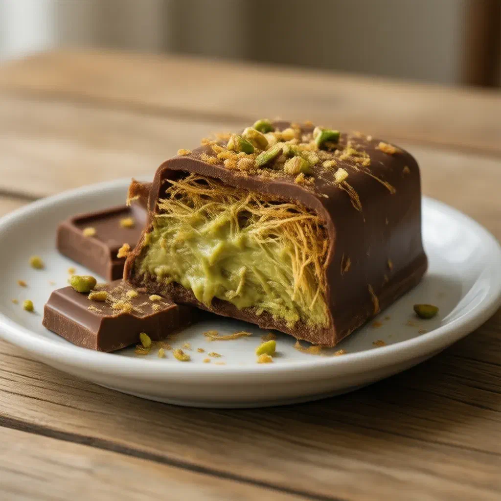 Thick milk chocolate bar broken in half, showing green pistachio cream and toasted kadayif