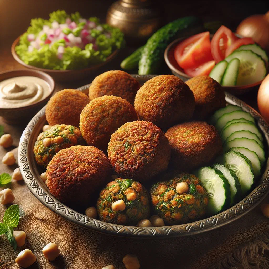 Crispy golden falafel balls served with fresh herbs and tahini