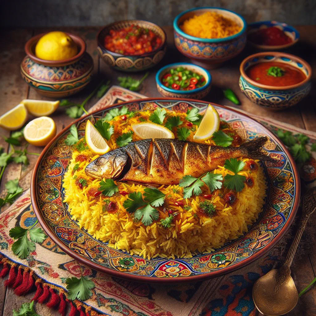 Fish machboos with spiced basmati rice garnished with fresh coriander