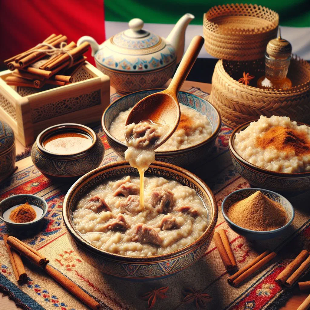 Creamy Emirati harees topped with ghee and chopped nuts