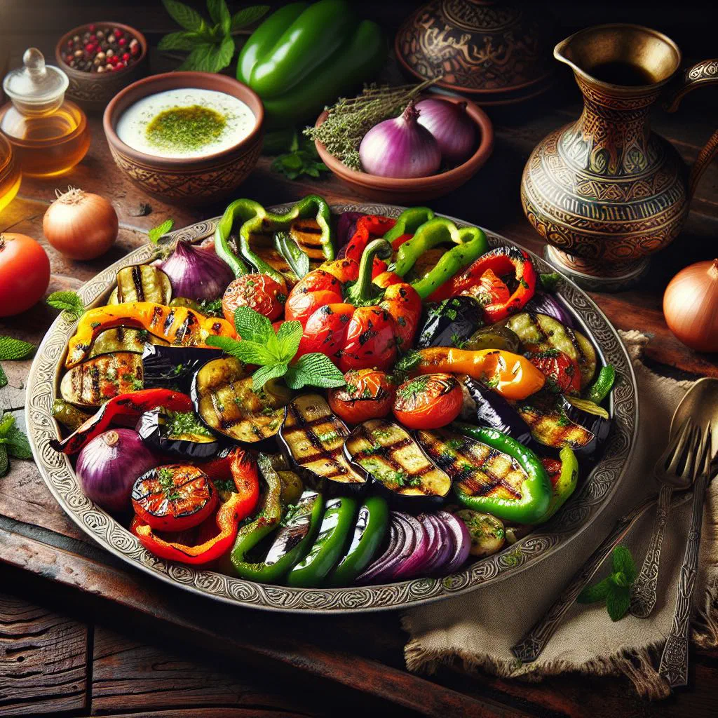 Grilled marinated vegetables served on a platter, Emirati khudar mashwi