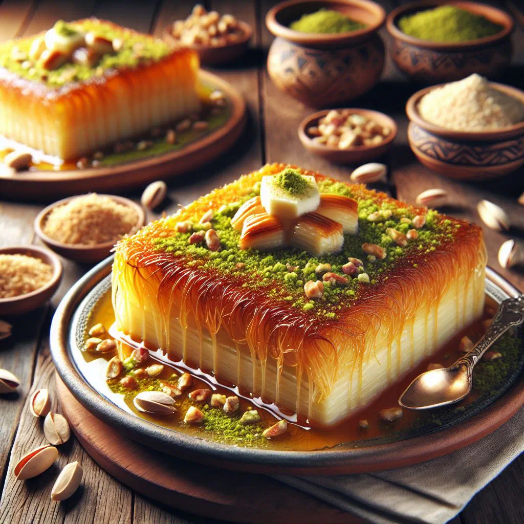Golden knafeh topped with chopped pistachios and drizzled with sugar syrup