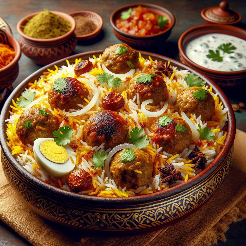 Kofta biryani with spiced meatballs over fragrant basmati rice