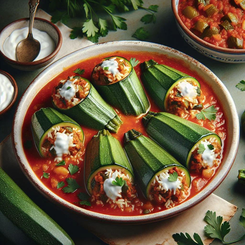 Kousa mahshi stuffed courgettes simmered in tomato sauce on a serving plate