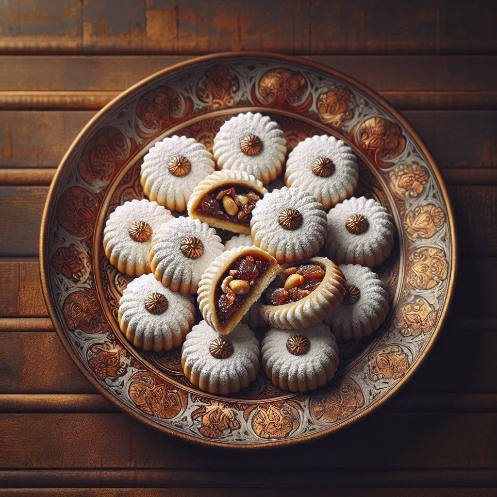Maamoul filled cookies dusted with icing sugar on a plate