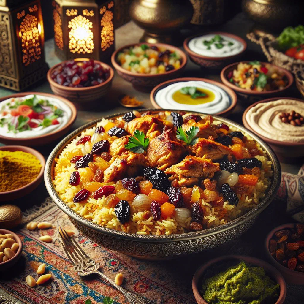 Emirati majboos spiced rice with tender meat on a serving platter