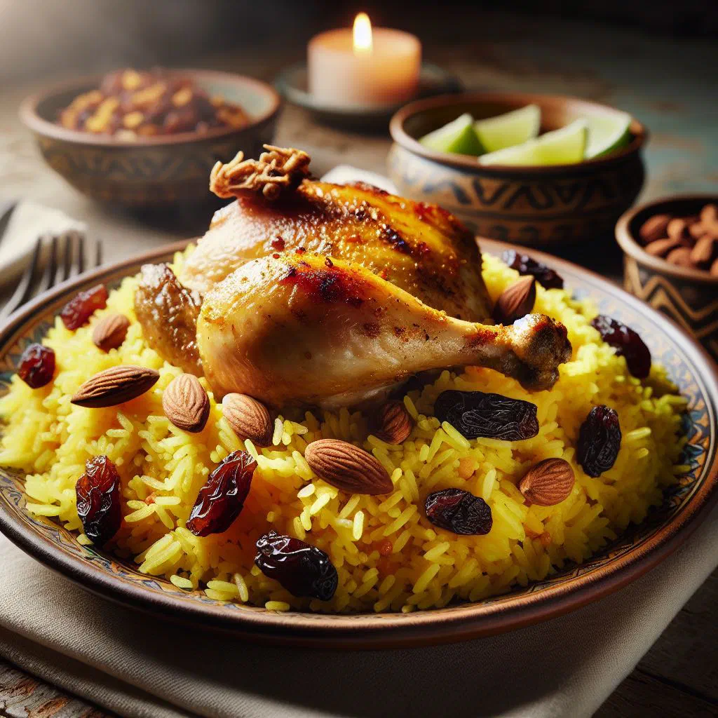 Fragrant mandi rice topped with tender spiced lamb on a large platter
