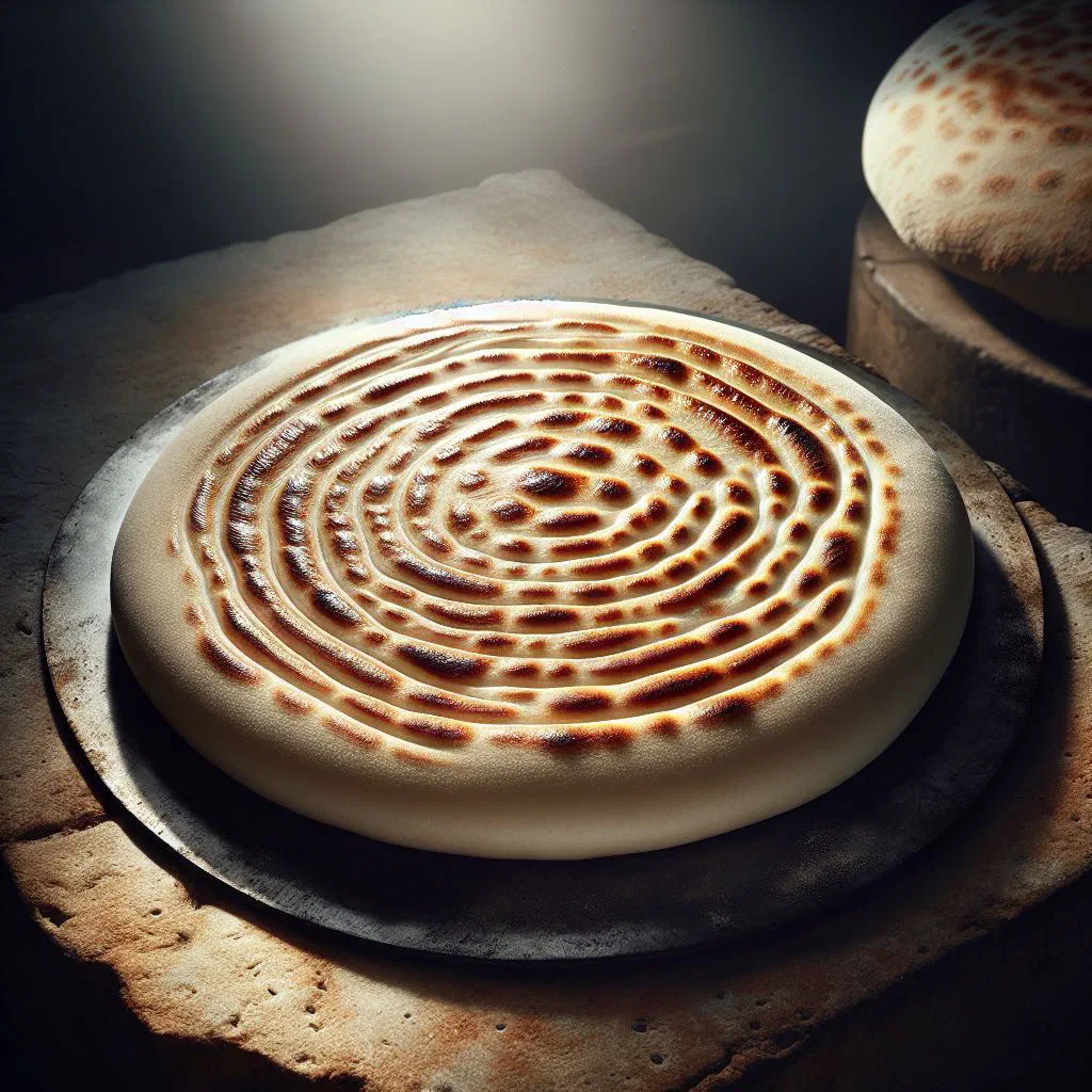 Thin round markook flatbread stacked on a wooden board