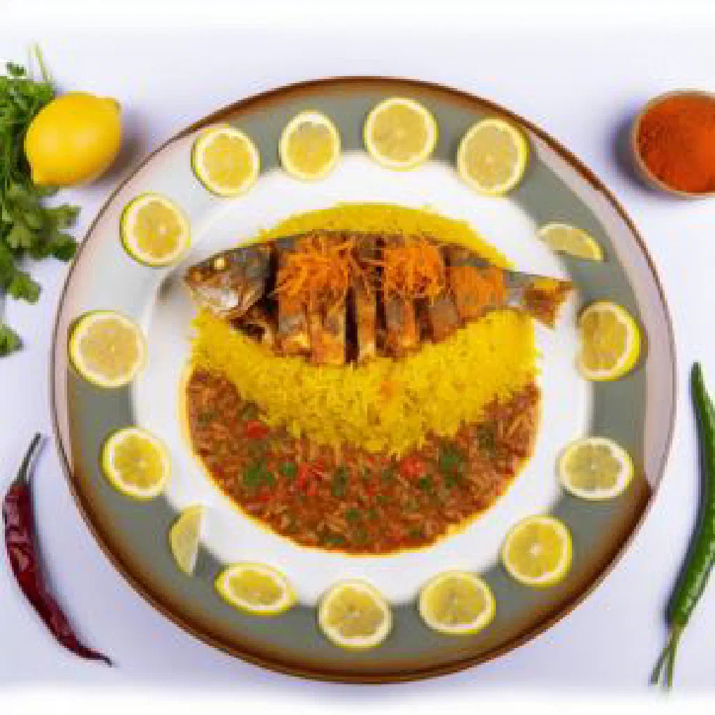 Pan-fried spiced fish fillet garnished with fresh coriander and lemon