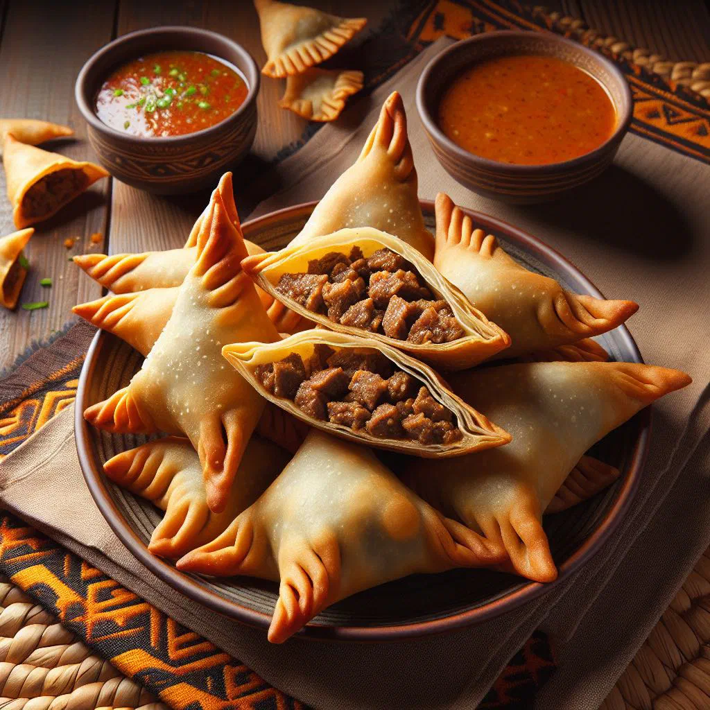 Golden fried meat sambusas served with a dipping sauce
