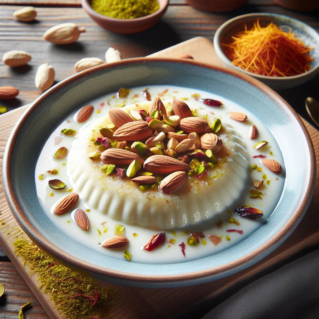 Creamy mhalabia milk pudding topped with chopped pistachios