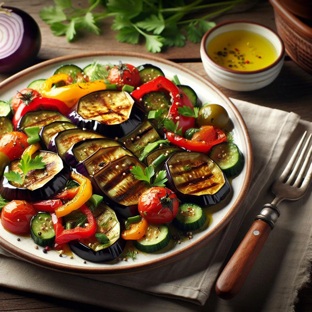Roasted aubergine salad with fresh parsley, onion and a drizzle of olive oil