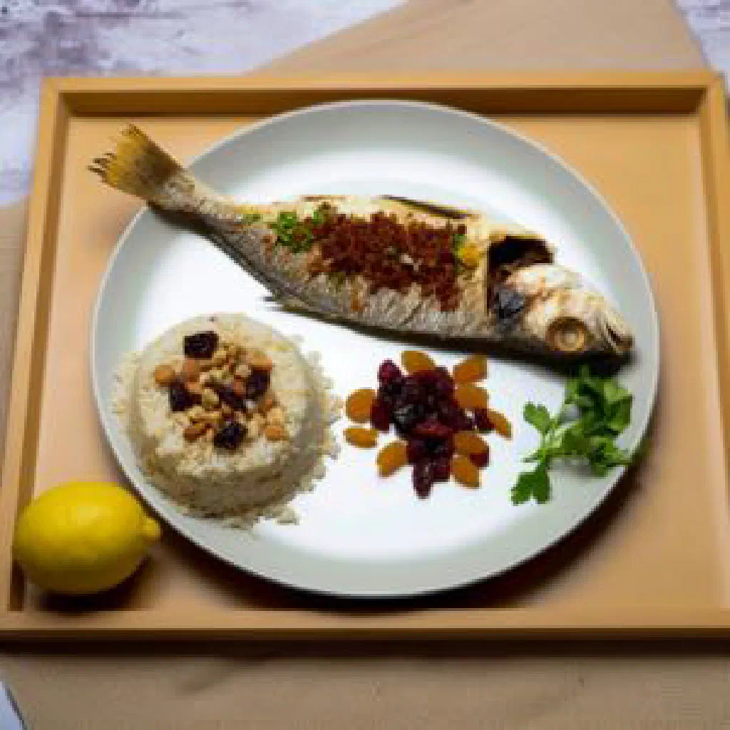 Grilled whole fish garnished with fresh herbs and lemon on a platter