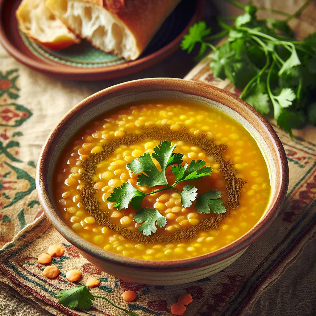 Bowl of Emirati shorbat adas lentil soup garnished with fresh coriander