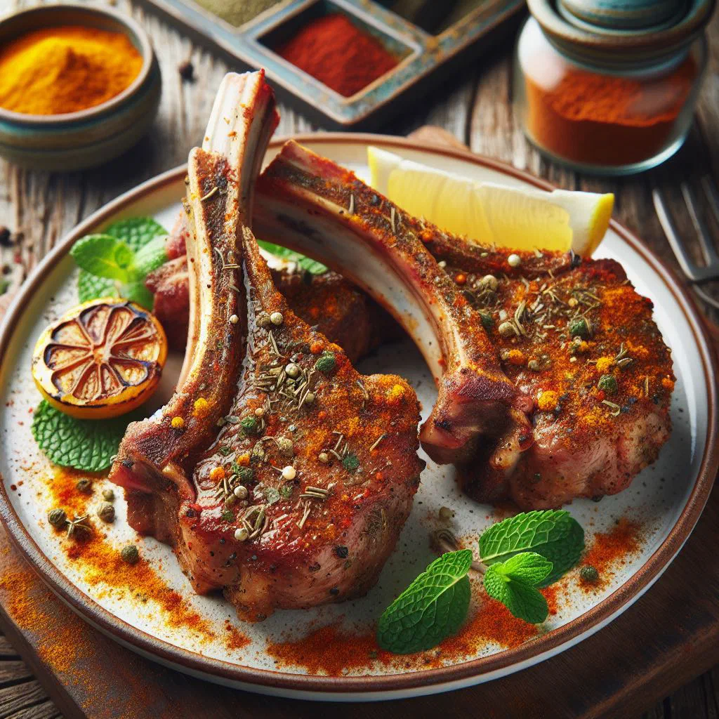 Grilled spiced lamb chops garnished with fresh coriander