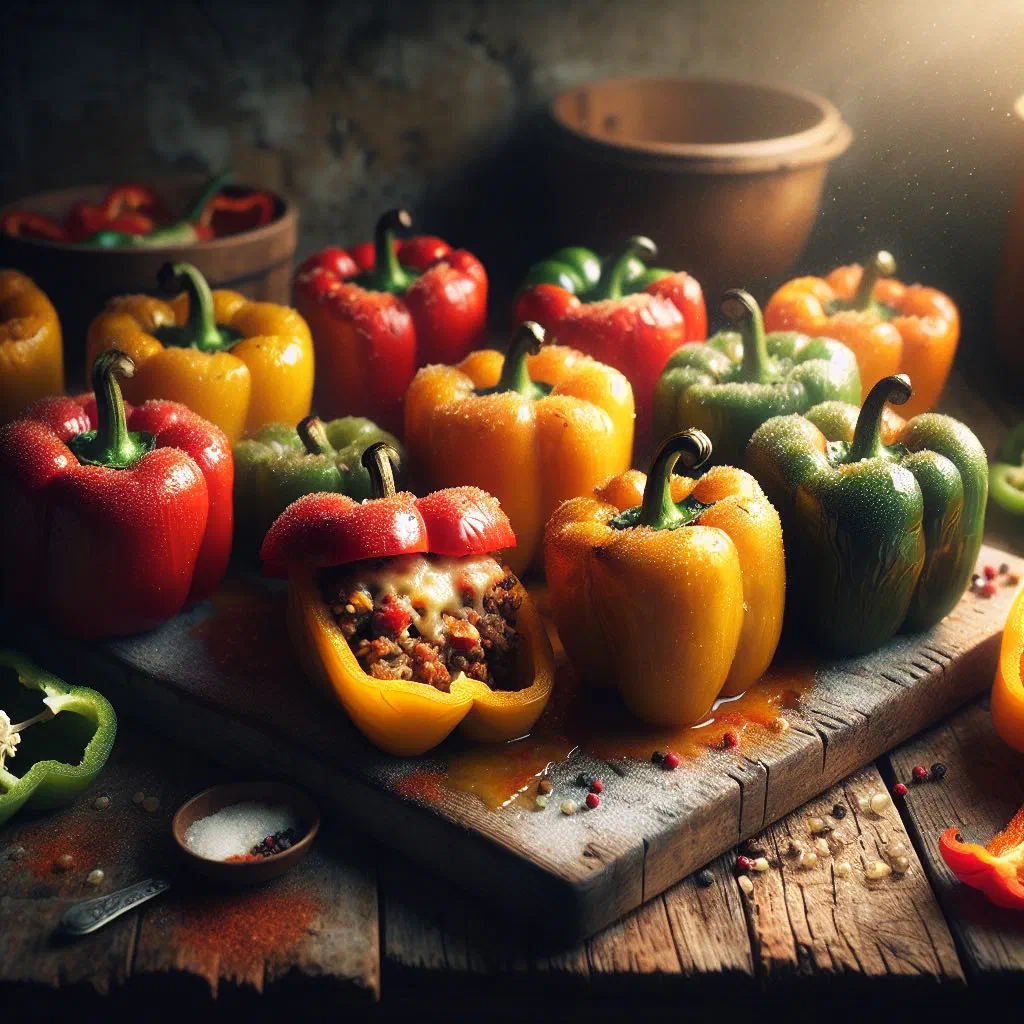Baked stuffed peppers filled with spiced minced meat and rice, garnished with fresh herbs