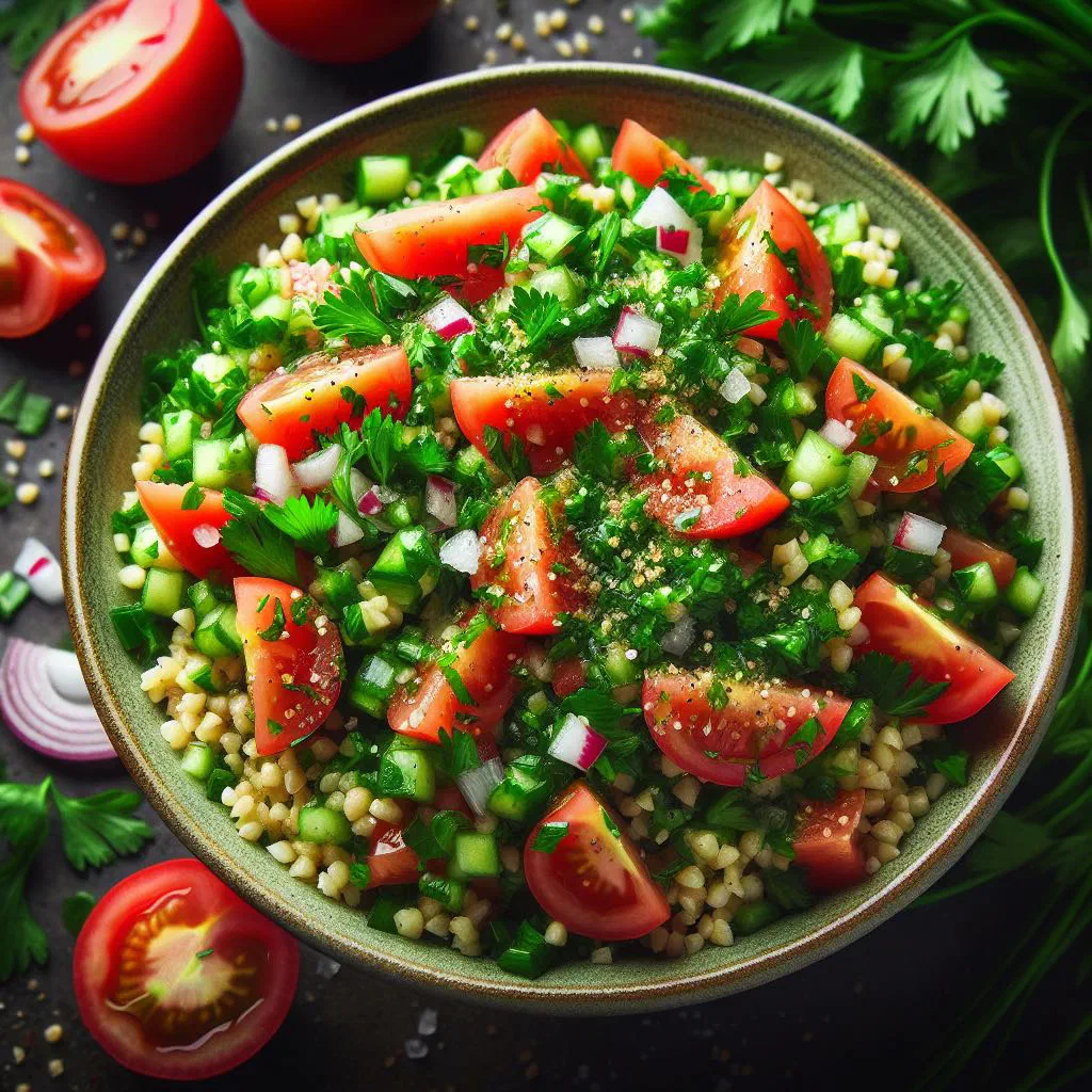 Fresh tabbouleh salad with parsley, mint, tomato and bulgur