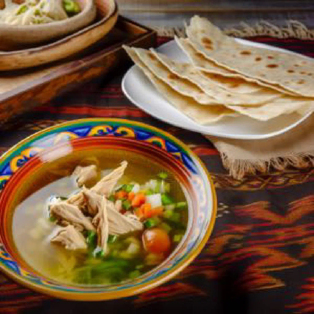 Tender chicken pieces in spiced broth served over torn flatbread