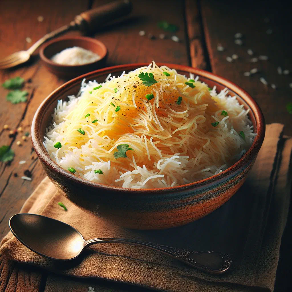 Fluffy basmati rice studded with toasted vermicelli, garnished with nuts