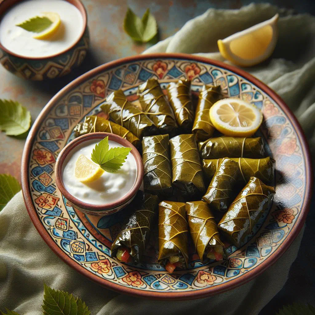 Rolled stuffed vine leaves garnished with lemon slices on a plate