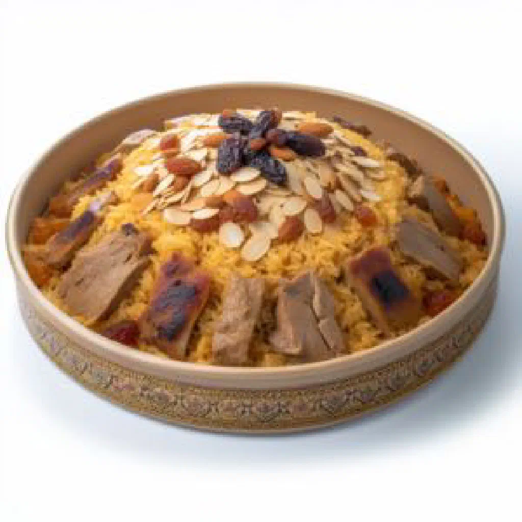 Zurbian rice with tender lamb, carrots and peas on a serving platter