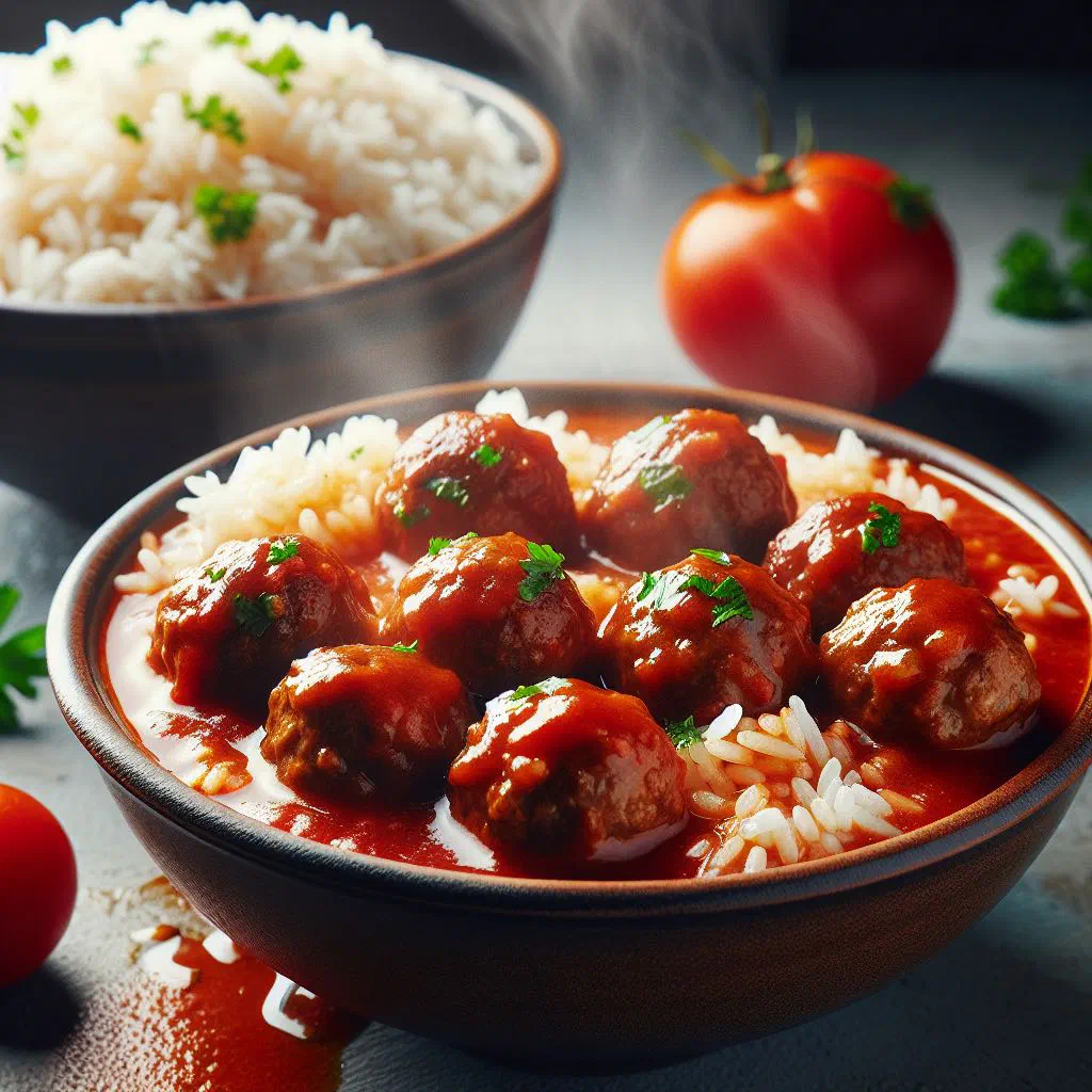 Uruguayan meatballs in tomato sauce served on a bed of rice