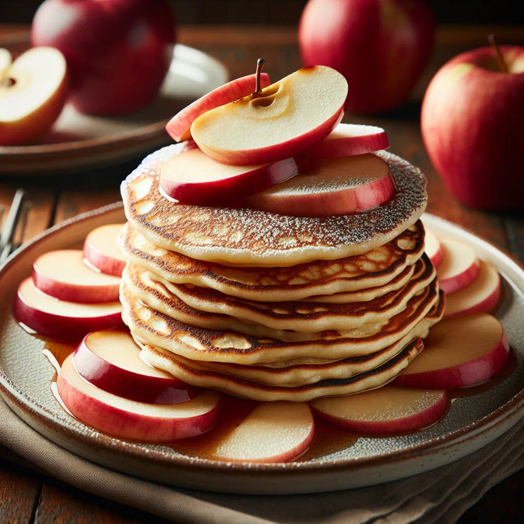 Stacked apple pancakes dusted with cinnamon and icing sugar