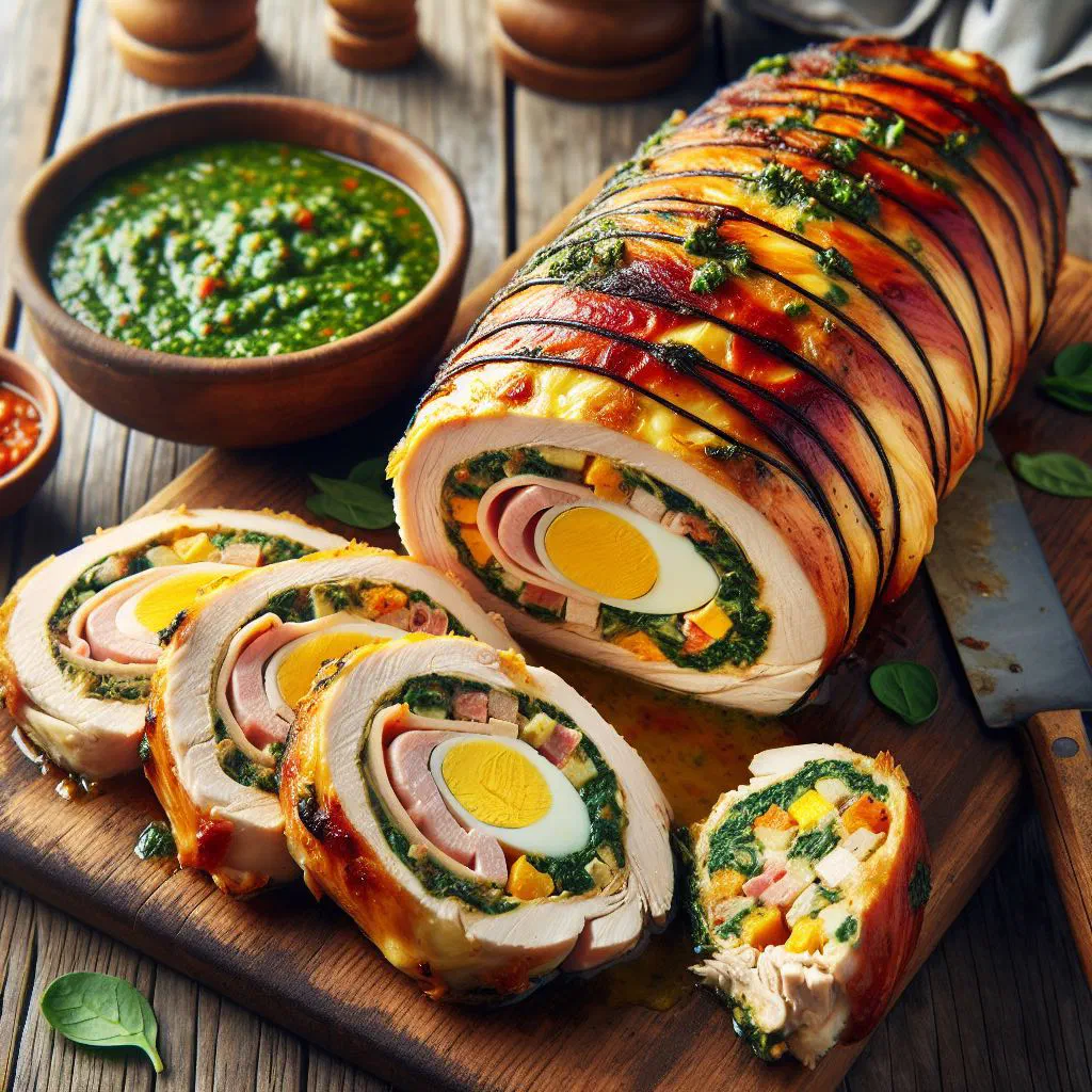 Sliced Uruguayan arrollado de pollo chicken roll with vegetables and egg