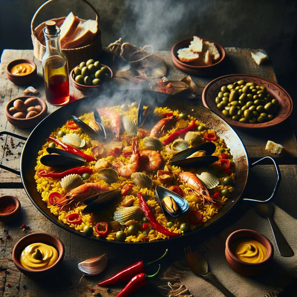 Arroz a la Valenciana with rice, chicken and prawns garnished with parsley