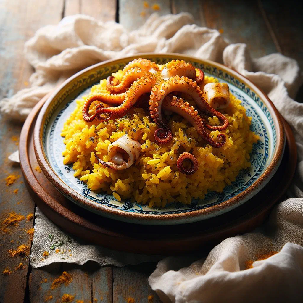 Arroz con calamares with tender squid rings over rice and peppers