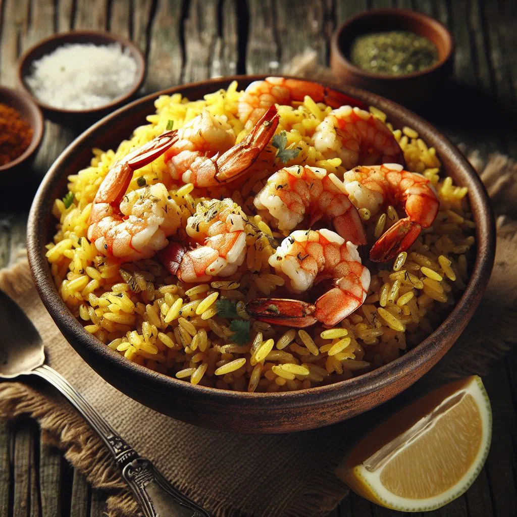 Arroz con camarones with prawns, rice and red pepper garnished with parsley