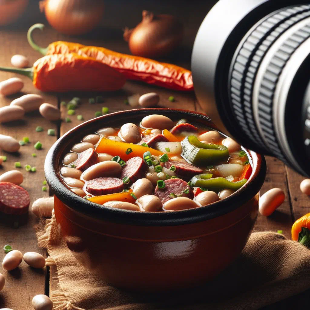 Hearty Uruguayan bean stew in a rustic bowl with fresh herbs