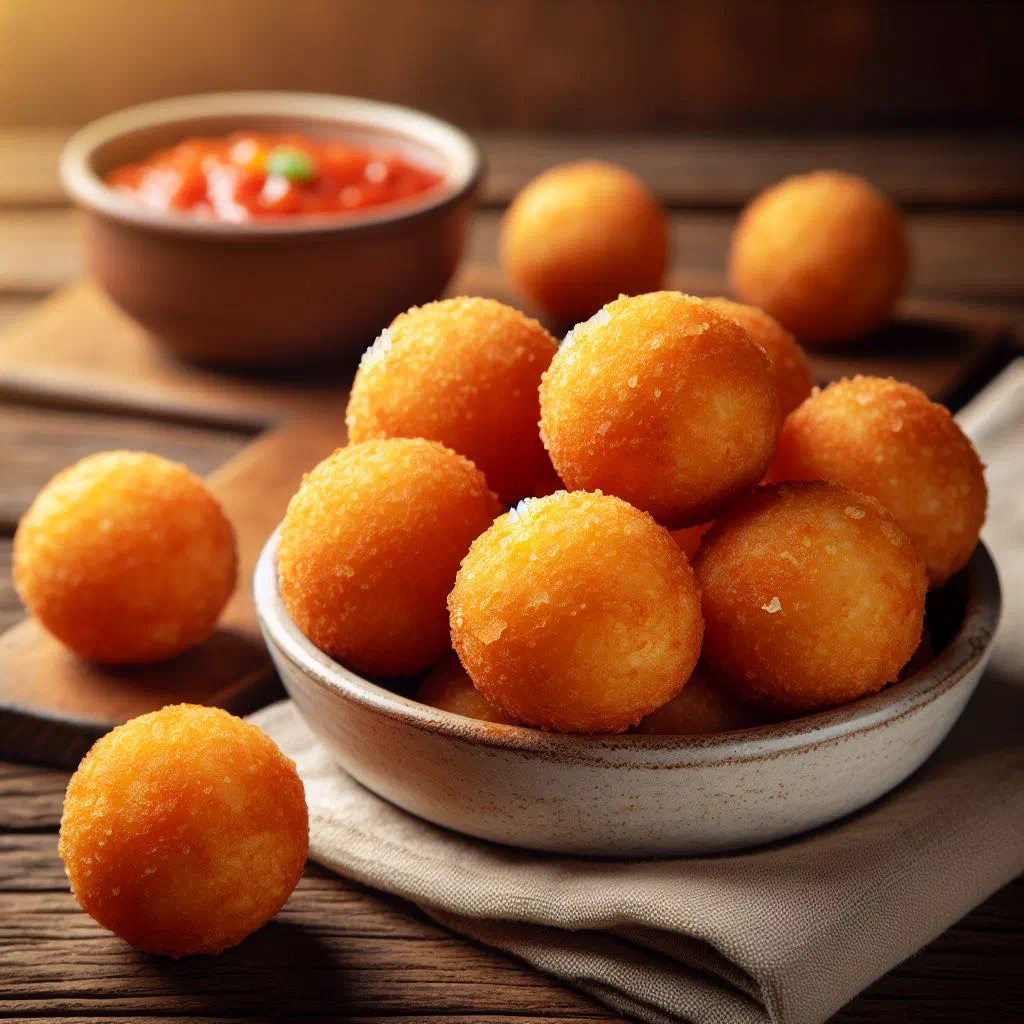 Golden fried cassava balls piled on a plate