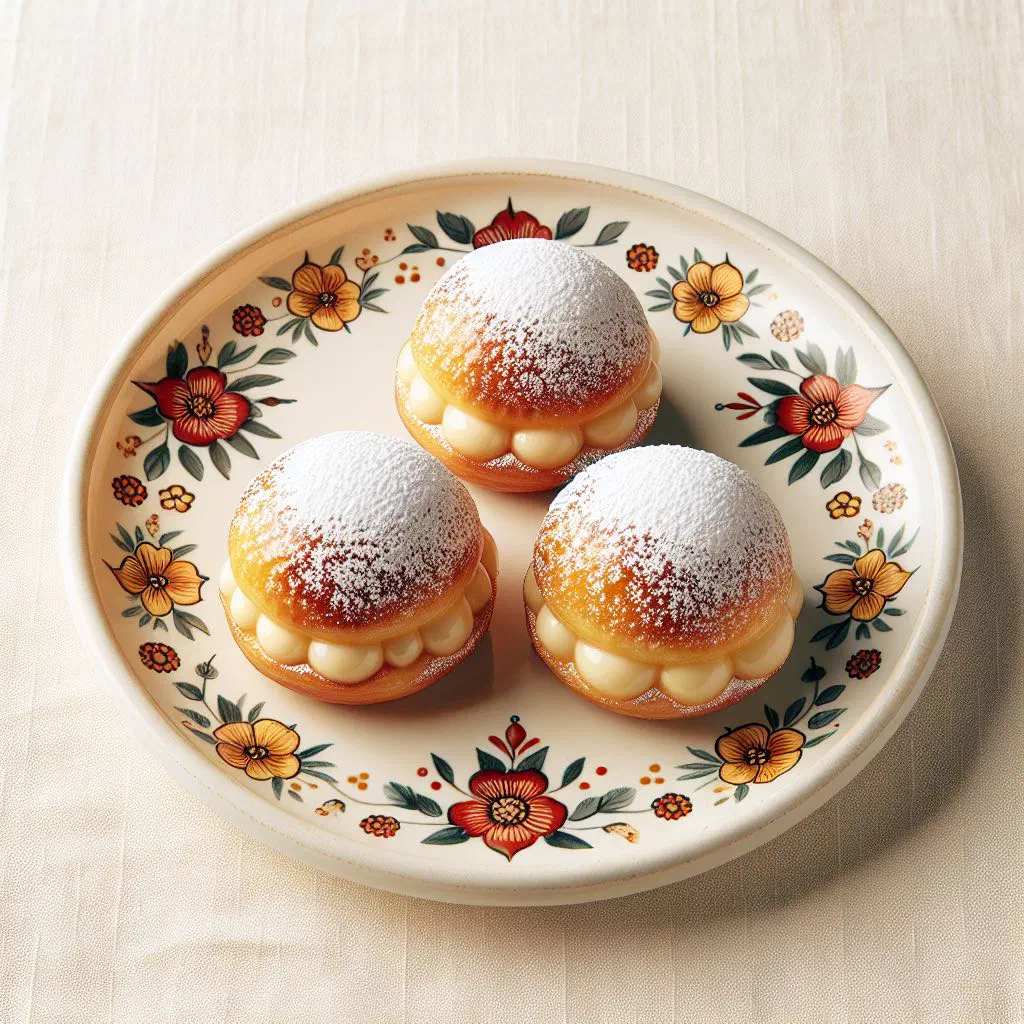 Golden fried Bombas de Crema dusted with icing sugar and filled with vanilla cream
