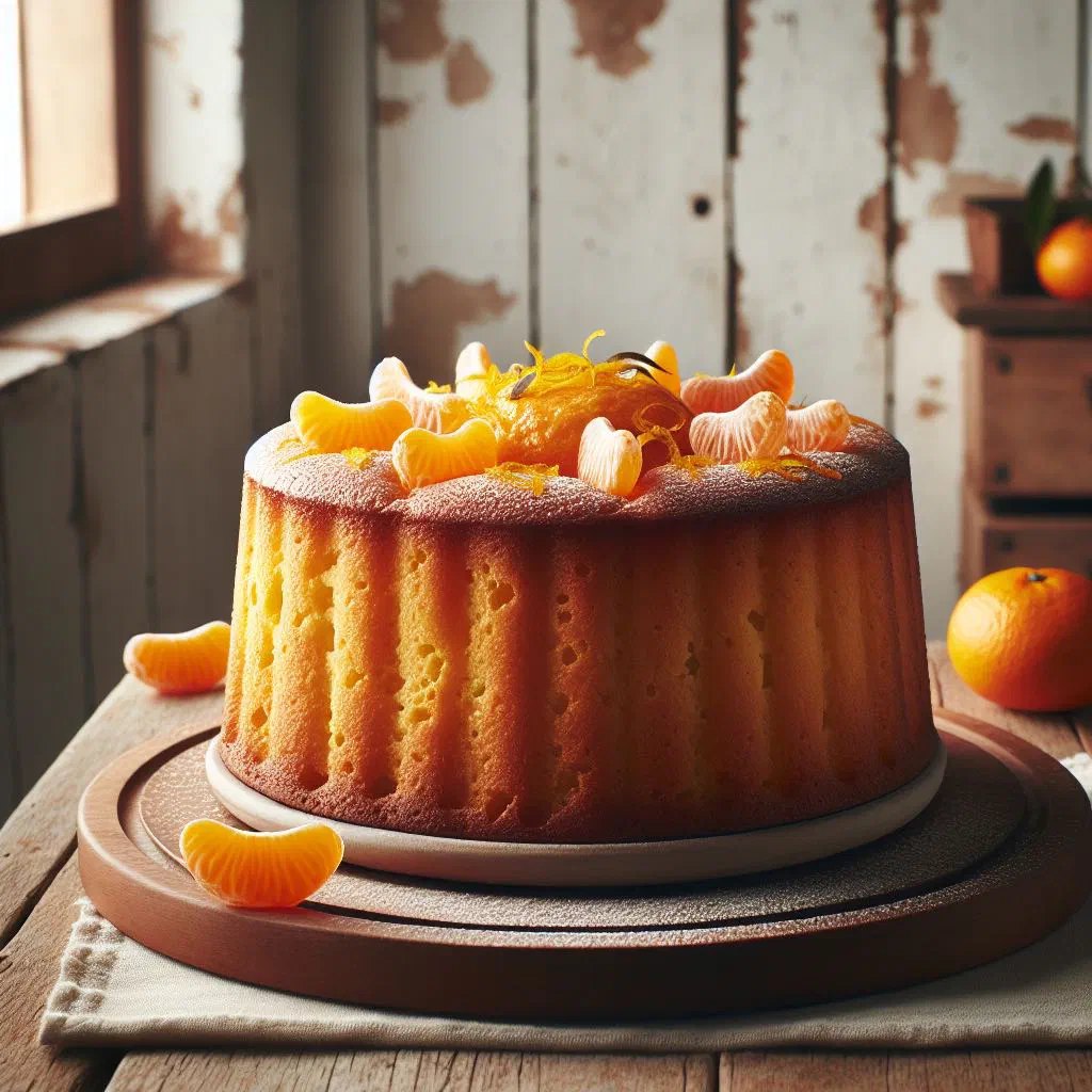 Golden baked tangerine pudding garnished with fresh mandarin segments