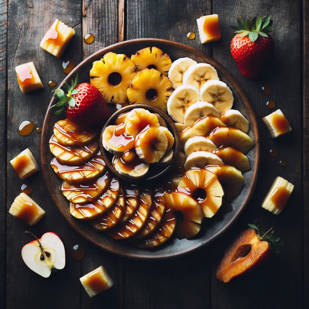 Caramelised fruit glazed with golden caramel sauce in a dessert bowl
