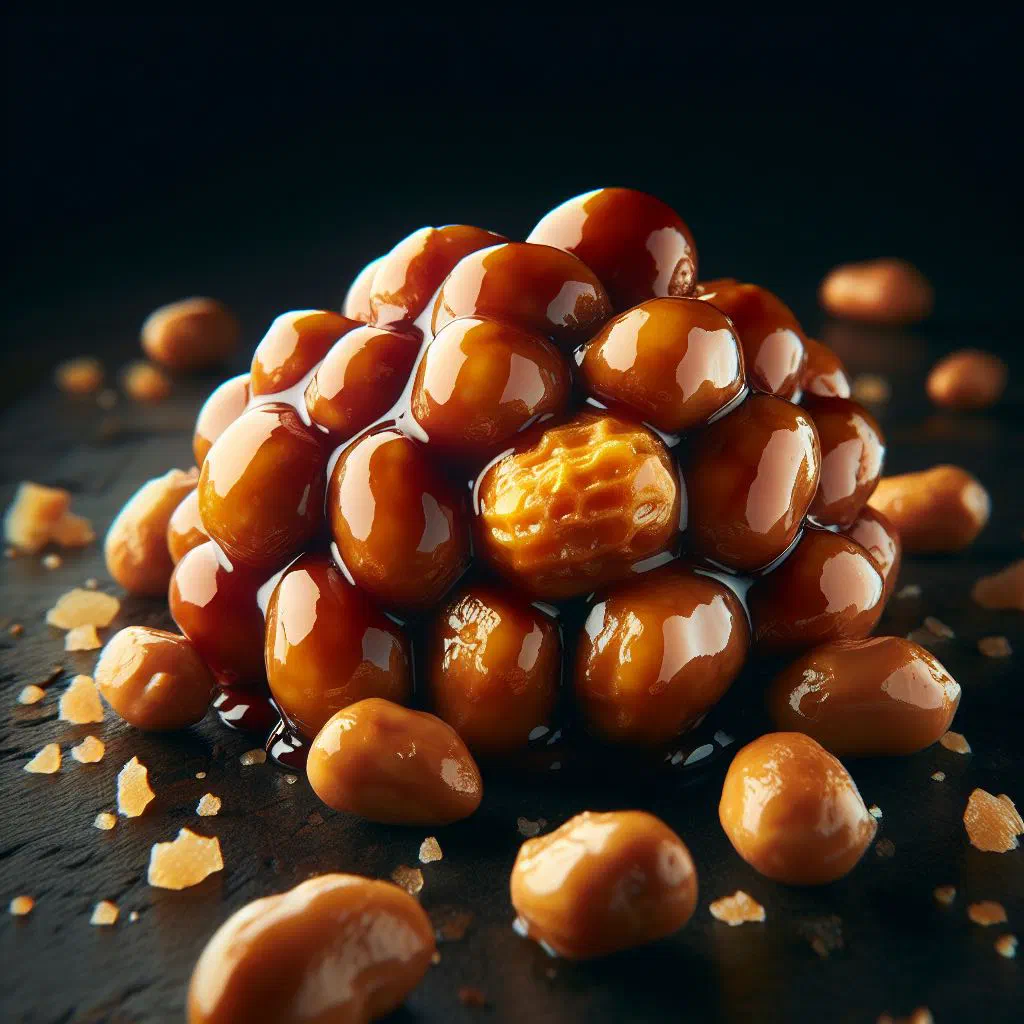 Glossy caramelised peanuts piled in a small bowl