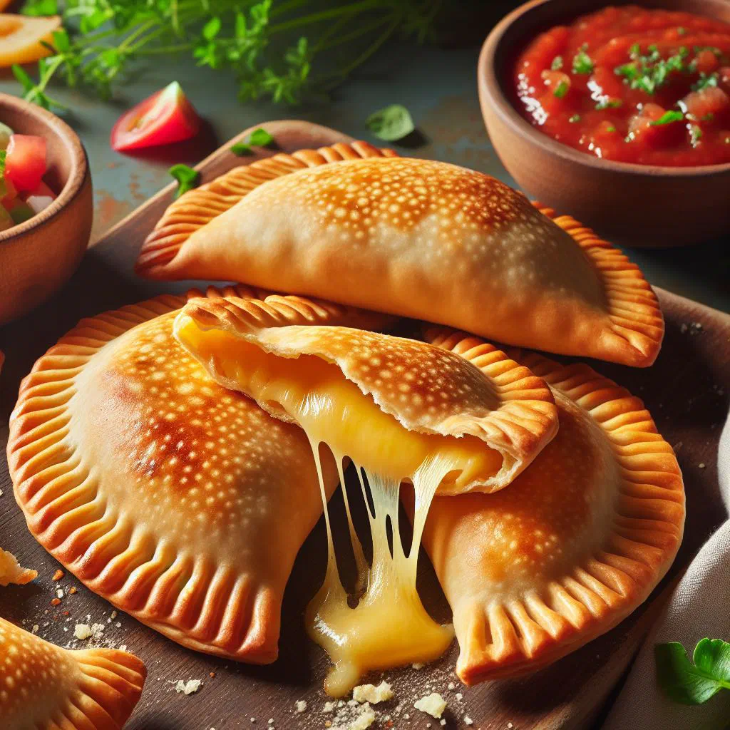 Golden baked cheese empanadas on a plate with melting cheese filling