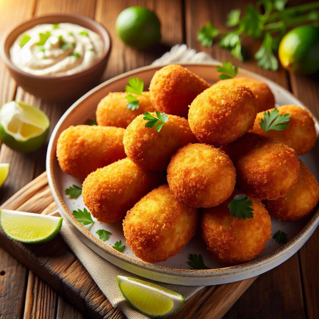 Golden fried chicken croquettes served on a plate