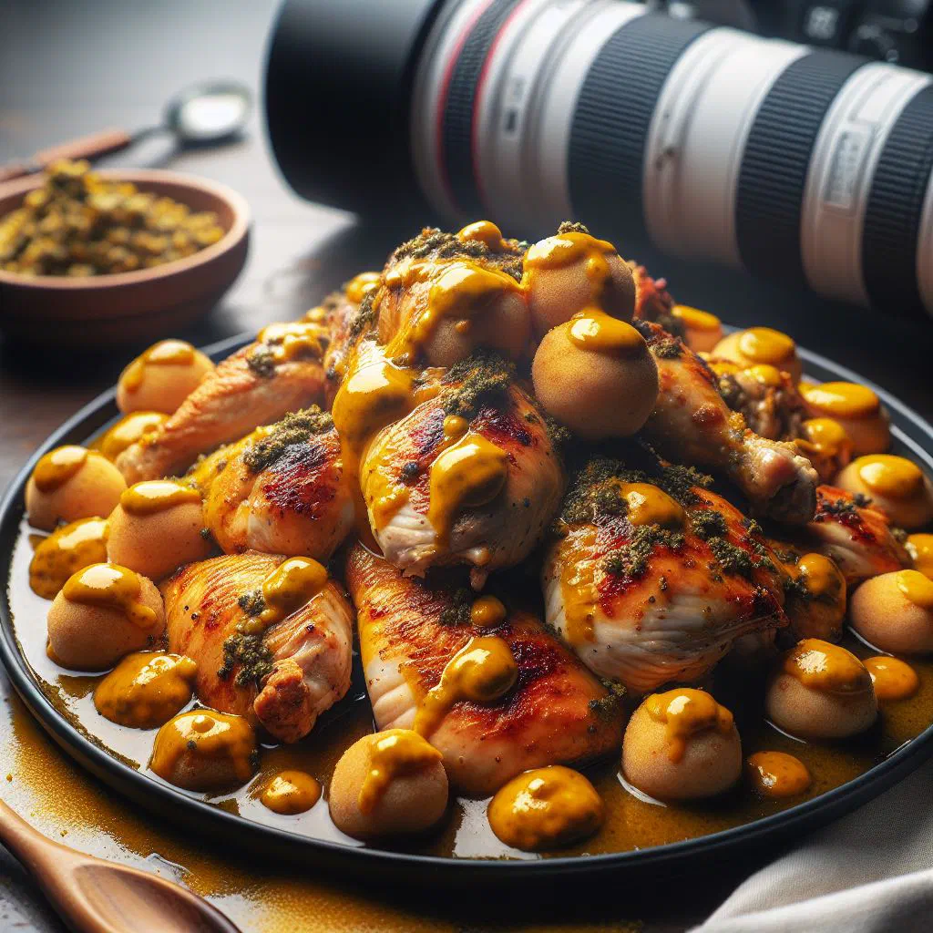 Golden pan-fried chicken breast in a honey-mustard sauce garnished with fresh herbs