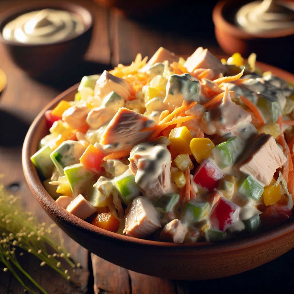 Creamy Uruguayan chicken salad with peas and diced carrots