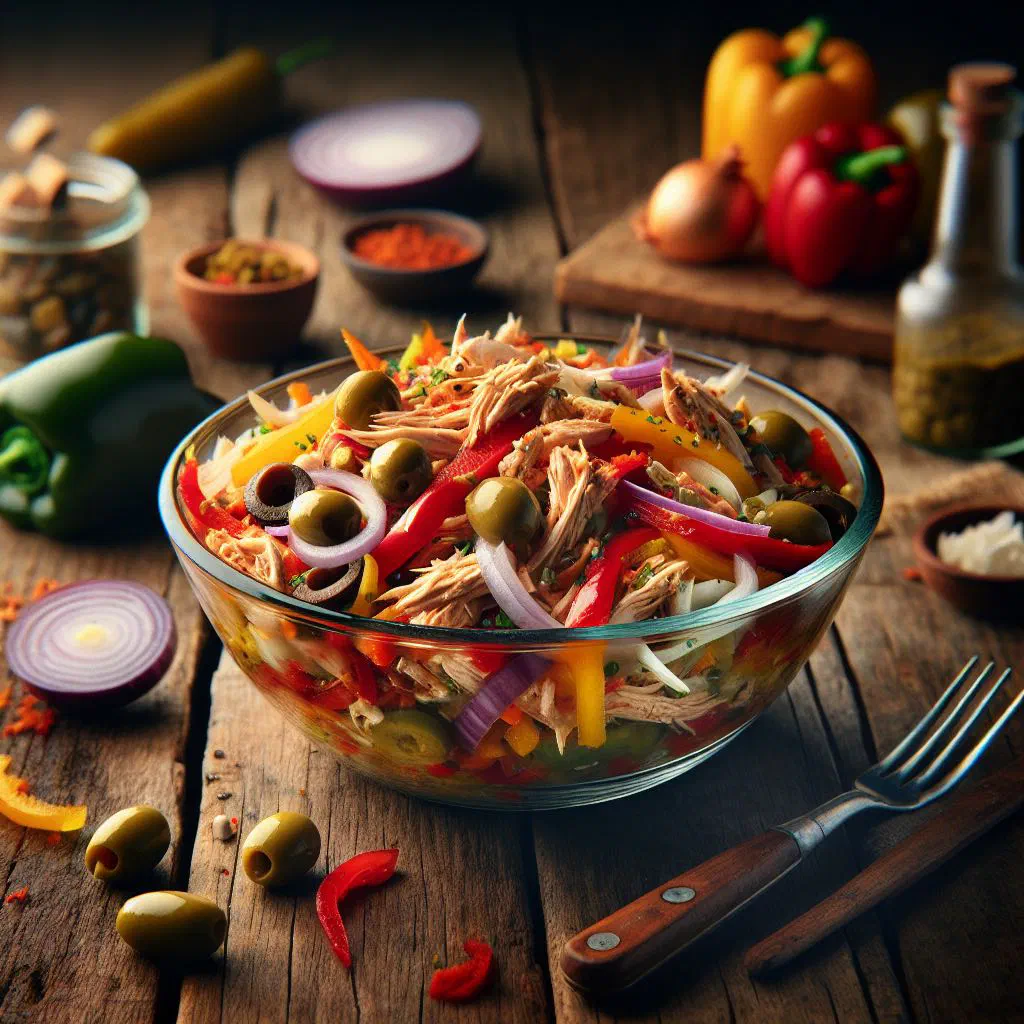 Chicken salpicón with diced vegetables and fresh parsley in a bowl