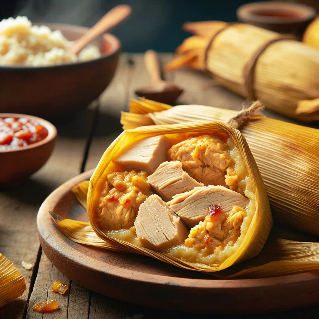 Chicken tamal wrapped in banana leaves, opened to show the corn and chicken filling