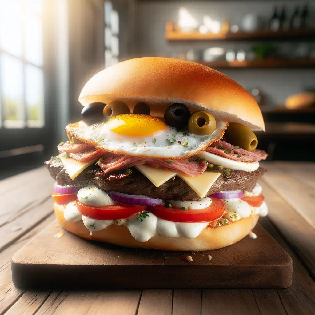 Uruguayan chivito sandwich stacked with steak, ham, cheese, tomato and avocado