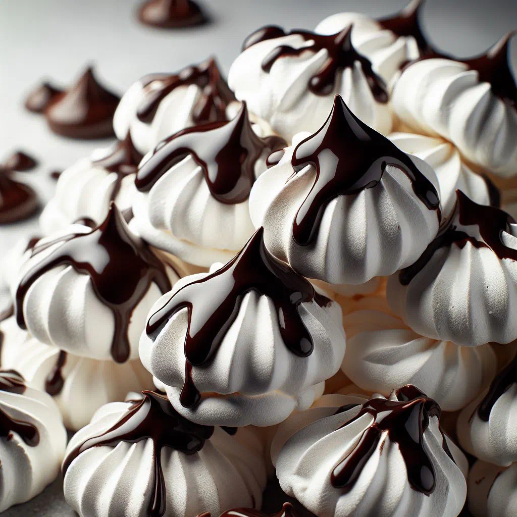 Bite-sized chocolate-coated meringues on a serving plate