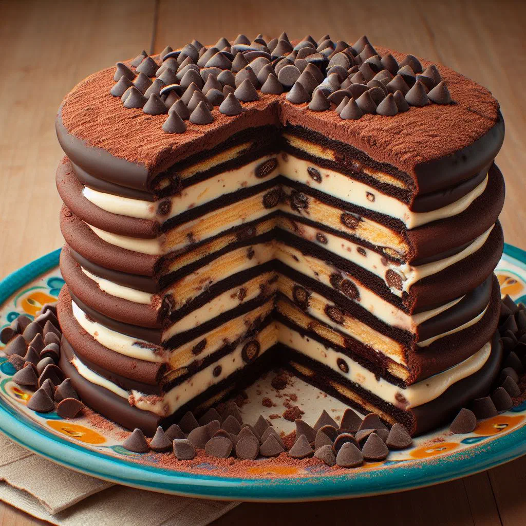 Layered chocotorta with chocolate biscuits and dulce de leche cream