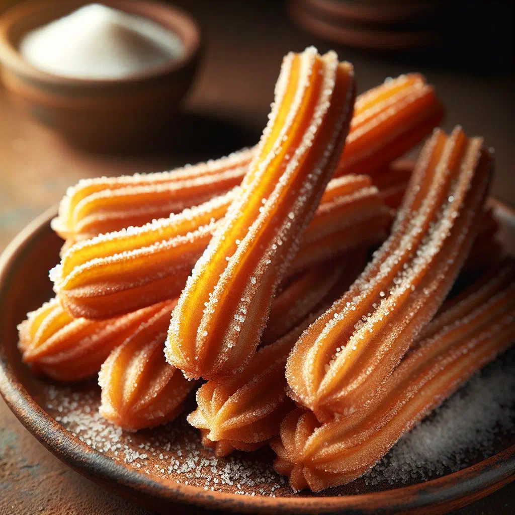 Golden churros dusted with sugar served with chocolate sauce